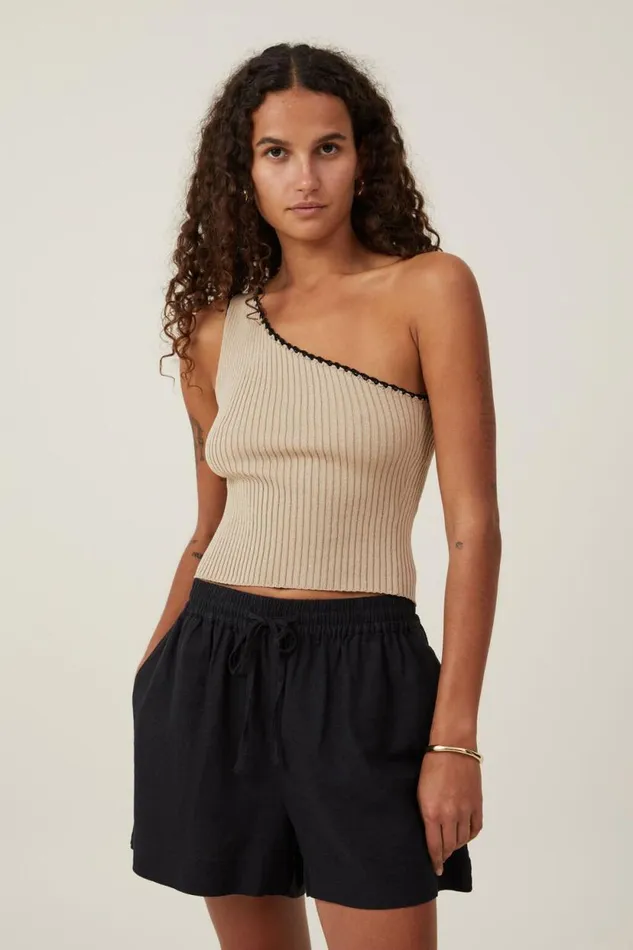 Crochet Trim Rib One Shoulder Mid Taupe Women Cotton On Tops