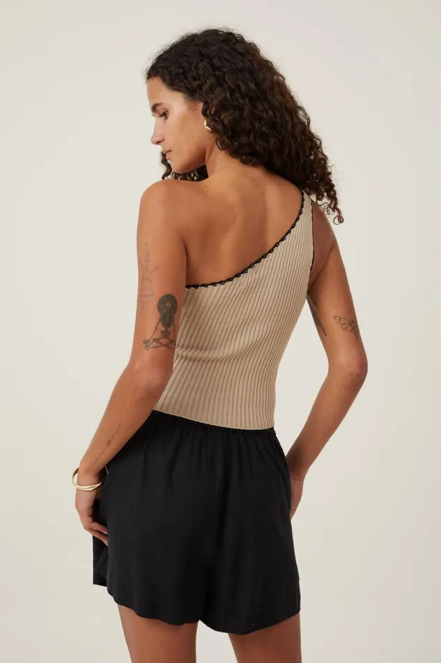 Crochet Trim Rib One Shoulder Mid Taupe Women Cotton On Tops