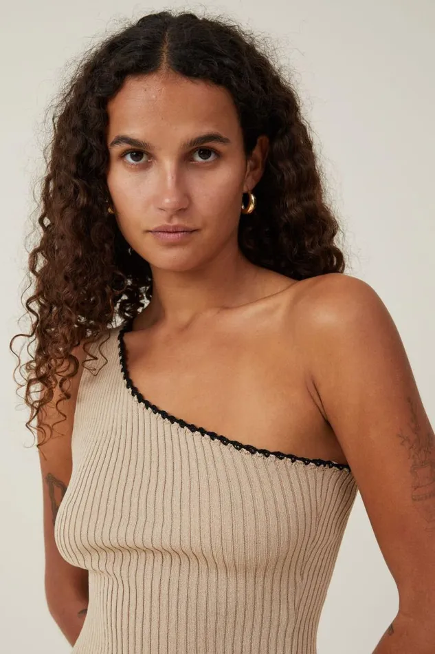 Crochet Trim Rib One Shoulder Mid Taupe Women Cotton On Tops