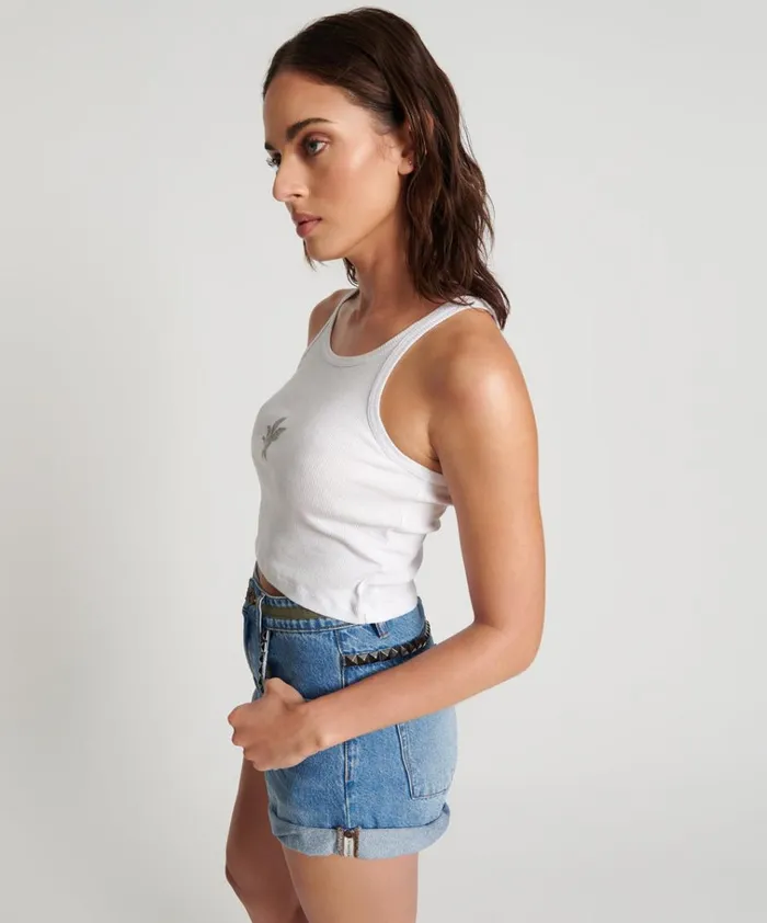 CROPPED BOWER BIRD RIBBED TANK TOP WHITE Women One Teaspoon Tees and Tanks CROPPED BOWER BIRD RIBBED TANK TOP WHITE Women One Teaspoon Tees and Tanks