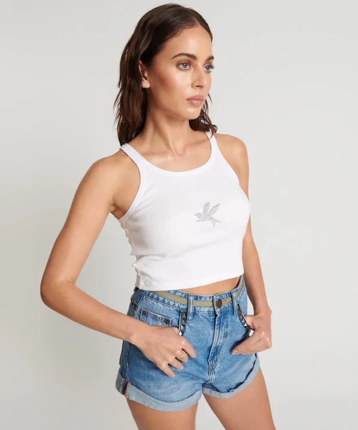 CROPPED BOWER BIRD RIBBED TANK TOP WHITE Women One Teaspoon Tees and Tanks CROPPED BOWER BIRD RIBBED TANK TOP WHITE Women One Teaspoon Tees and Tanks