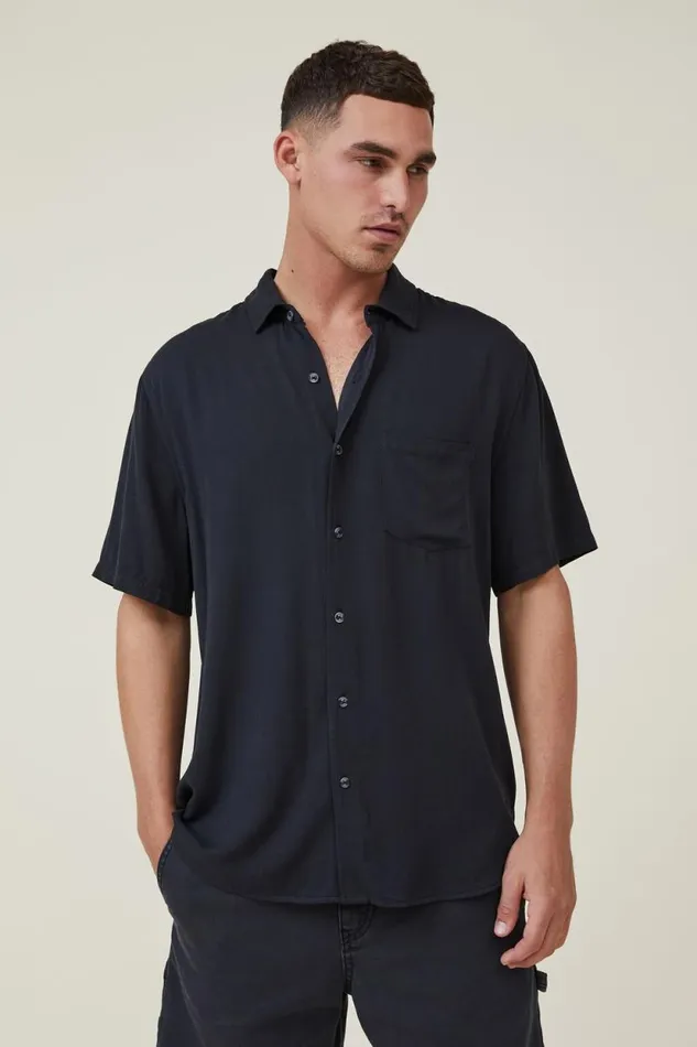 Cuban Short Sleeve Shirt Washed Black Men Cotton On Tees and Tanks