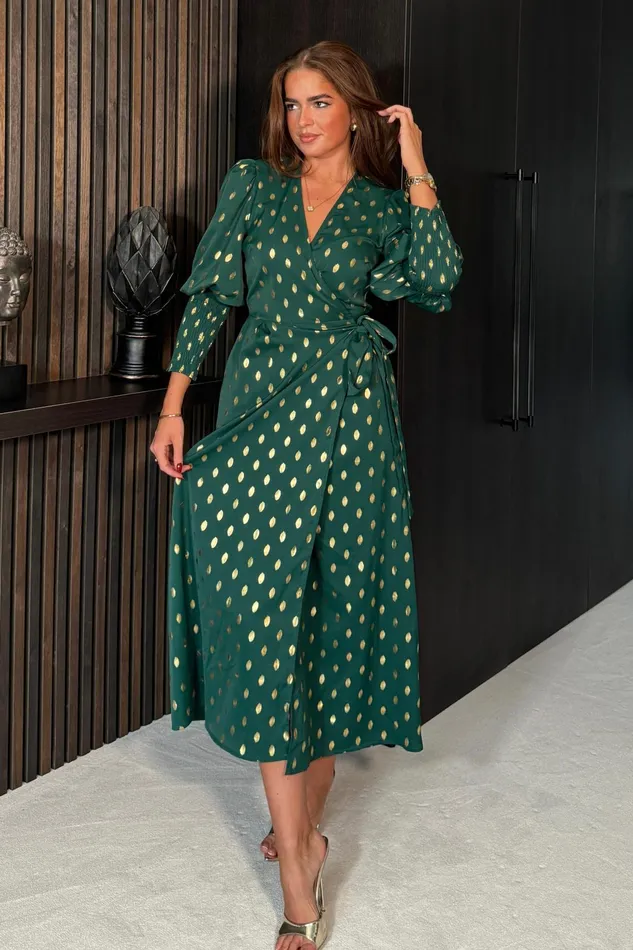 Devina Shirred Cuff Wrap Dress In Green And Gold Foil Women Girl In Mind Bodycon Dresses Devina Shirred Cuff Wrap Dress In Green And Gold Foil Women Girl In Mind Bodycon Dresses