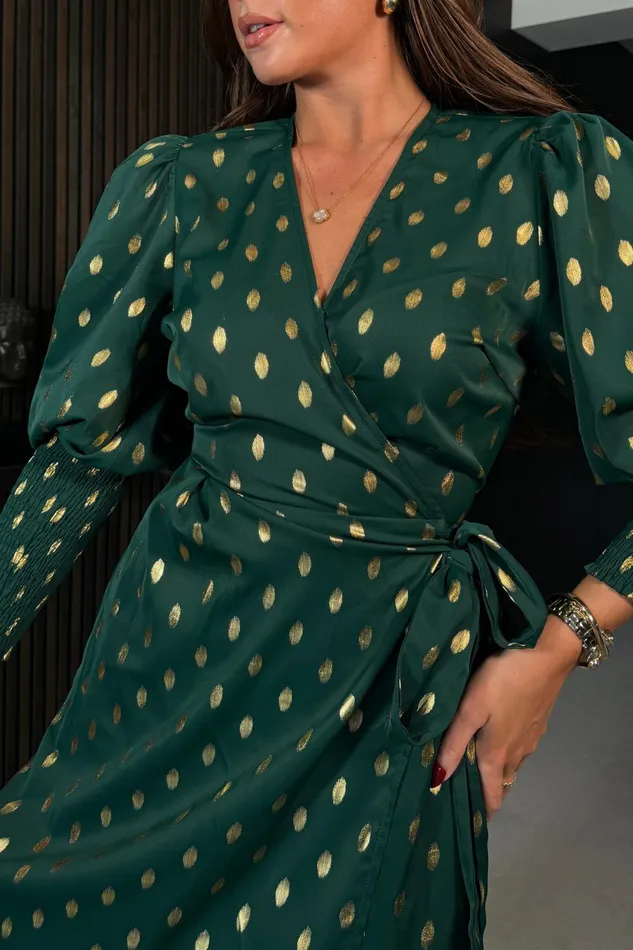 Devina Shirred Cuff Wrap Dress In Green And Gold Foil Women Girl In Mind Bodycon Dresses