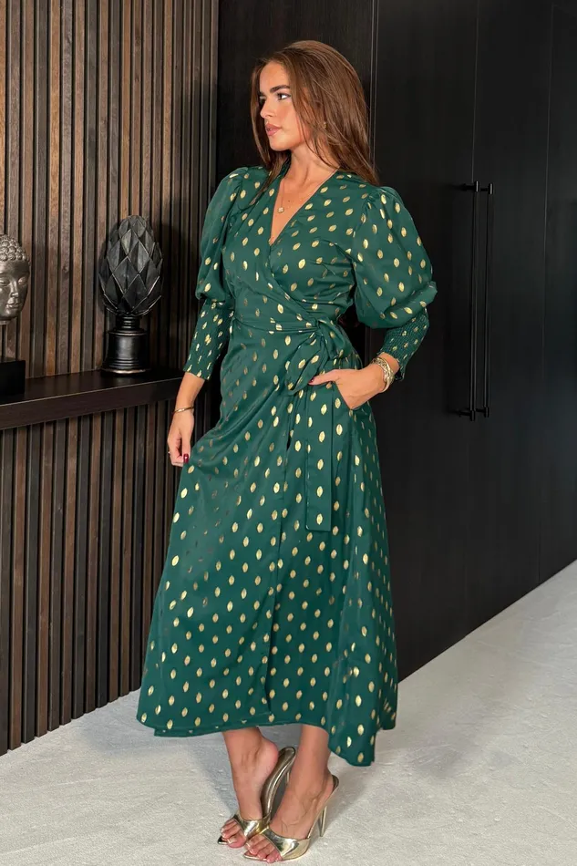 Devina Shirred Cuff Wrap Dress In Green And Gold Foil Women Girl In Mind Bodycon Dresses