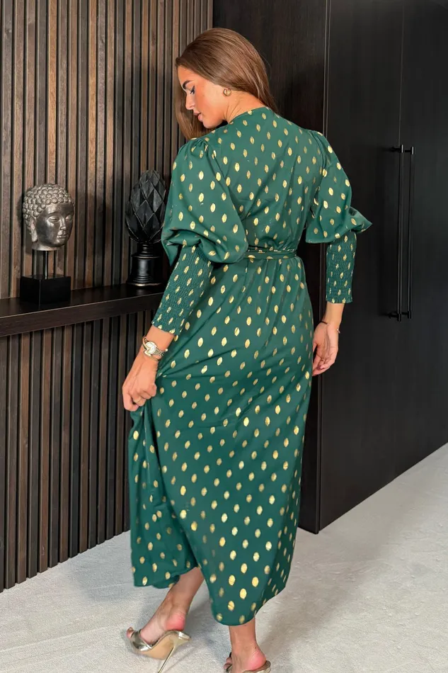 Devina Shirred Cuff Wrap Dress In Green And Gold Foil Women Girl In Mind Bodycon Dresses