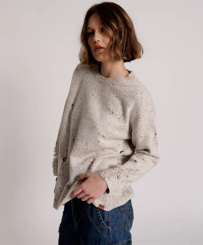 DISTRESSED FISHERMAN KNIT SWEATER WHITE Women One Teaspoon Knitwear DISTRESSED FISHERMAN KNIT SWEATER WHITE Women One Teaspoon Knitwear