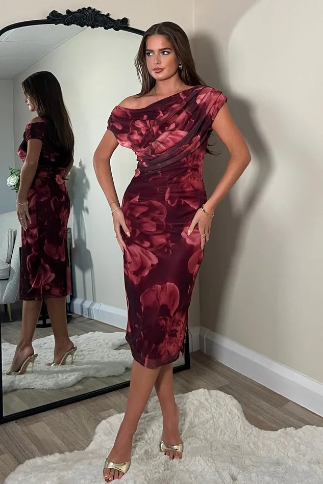Donna Asymmetric Neckline Floral Print Mesh Midi Dress Women Girl In Mind Midi Dresses Donna Asymmetric Neckline Floral Print Mesh Midi Dress Women Girl In Mind Midi Dresses