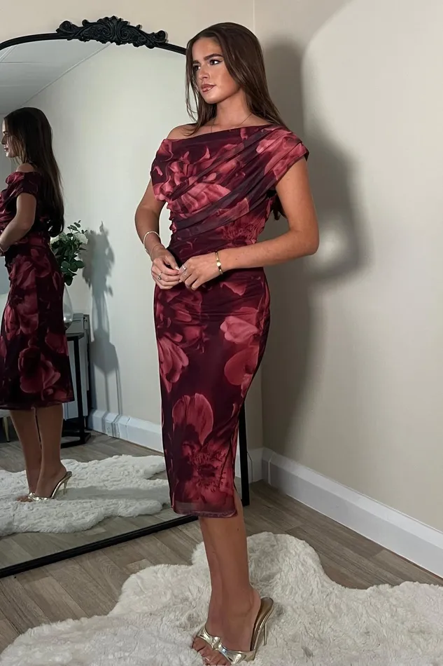 Donna Asymmetric Neckline Floral Print Mesh Midi Dress Women Girl In Mind Midi Dresses