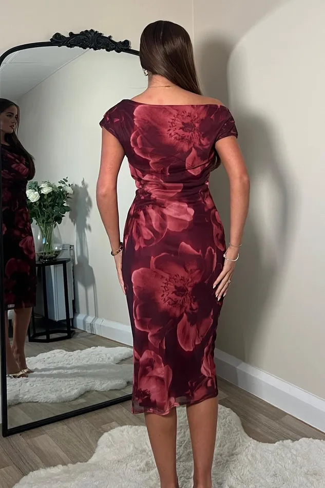 Donna Asymmetric Neckline Floral Print Mesh Midi Dress Women Girl In Mind Midi Dresses