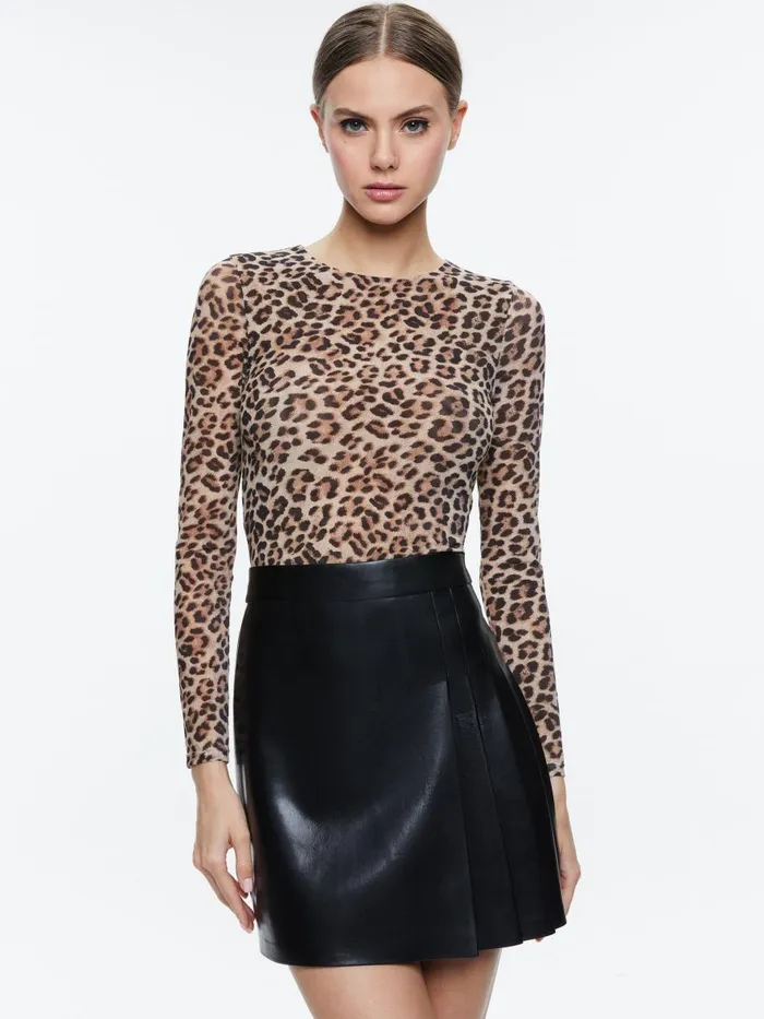 Dresses Women Alice Olivia CHARA LONG SLEEVE PLEATED MINI DRESS Leopard Loveblack