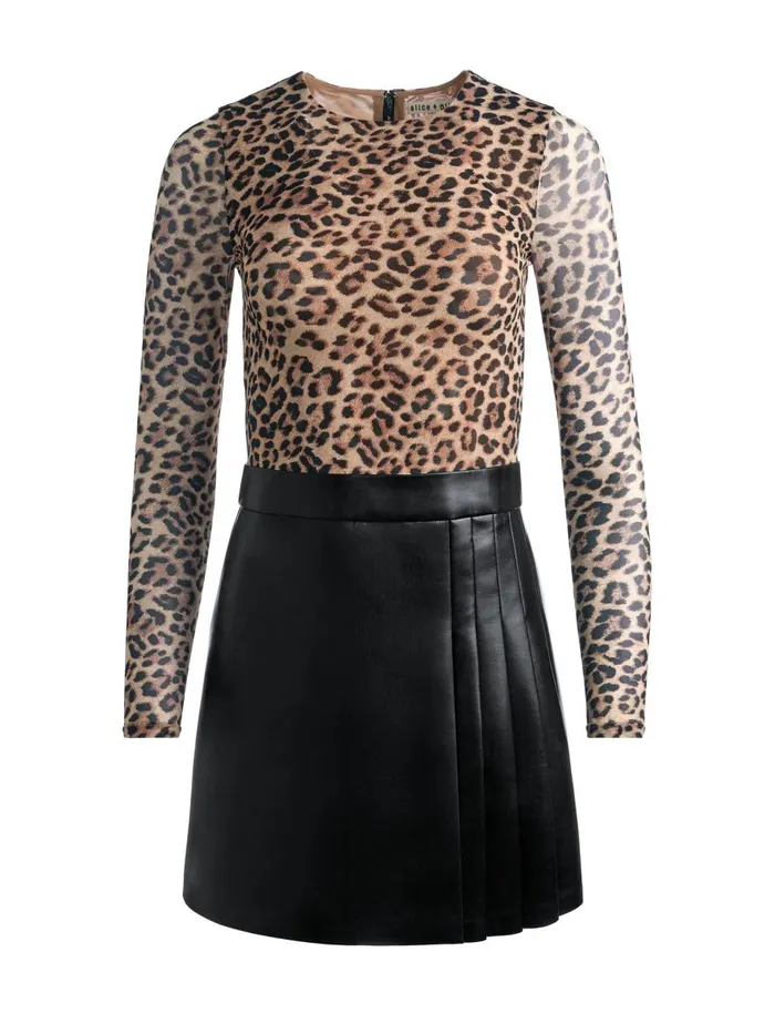 Dresses Women Alice Olivia CHARA LONG SLEEVE PLEATED MINI DRESS Leopard Loveblack