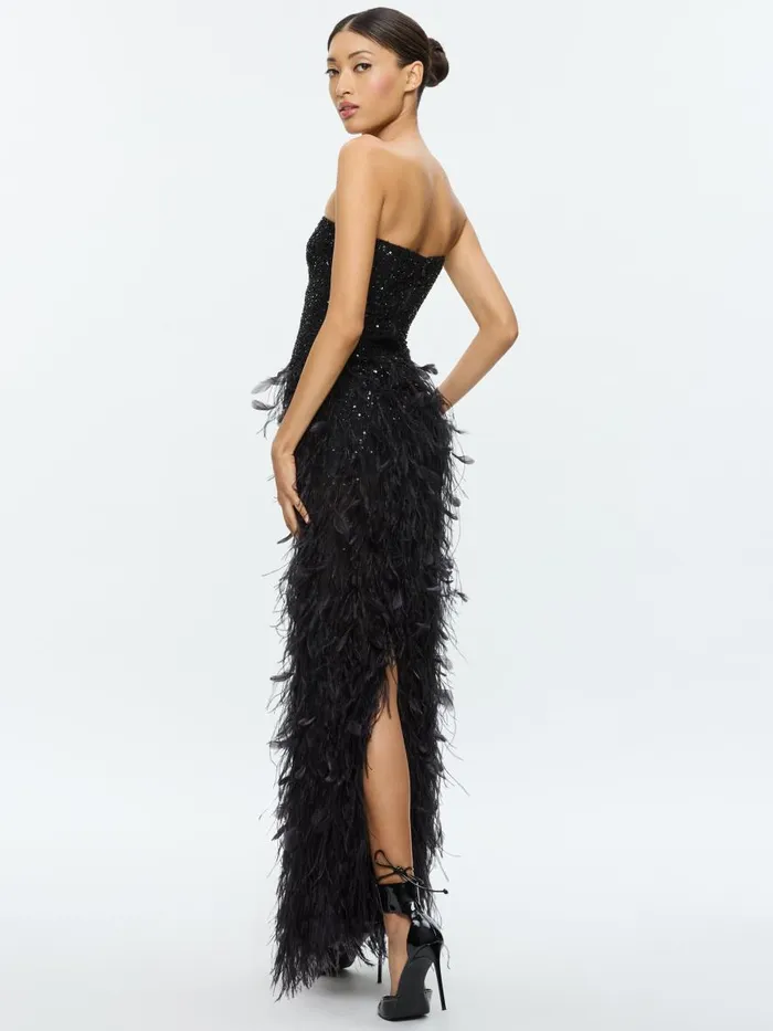 Dresses Women Alice Olivia DELORA EMBELLISHED STRAPLESS GOWN WITH FEATHERS Black