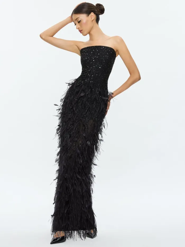 Dresses Women Alice Olivia DELORA EMBELLISHED STRAPLESS GOWN WITH FEATHERS Black