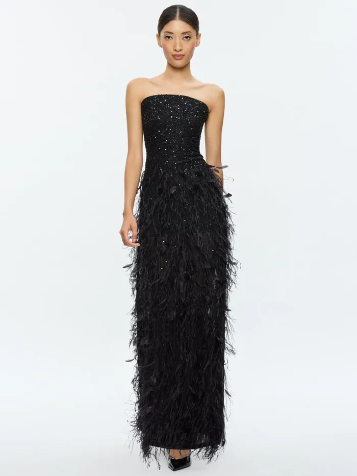 Dresses Women Alice Olivia DELORA EMBELLISHED STRAPLESS GOWN WITH FEATHERS Black