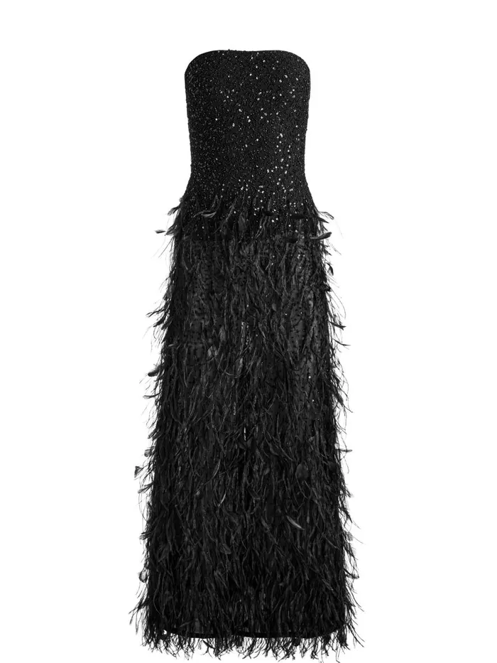 Dresses Women Alice Olivia DELORA EMBELLISHED STRAPLESS GOWN WITH FEATHERS Black