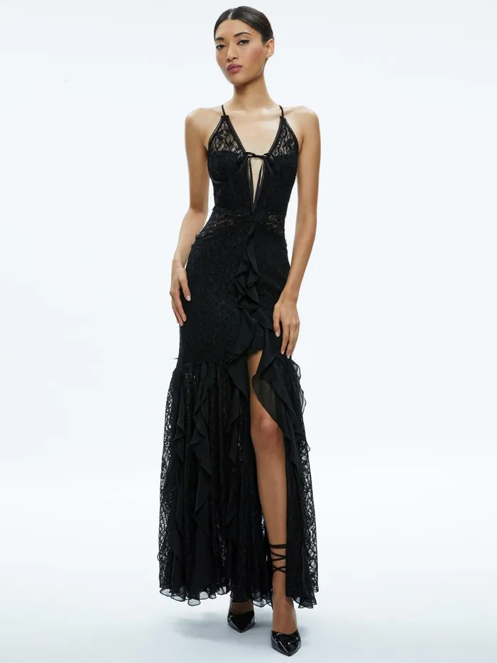 Dresses Women Alice Olivia EDERA RUFFLE LACE MAXI GOWN Black