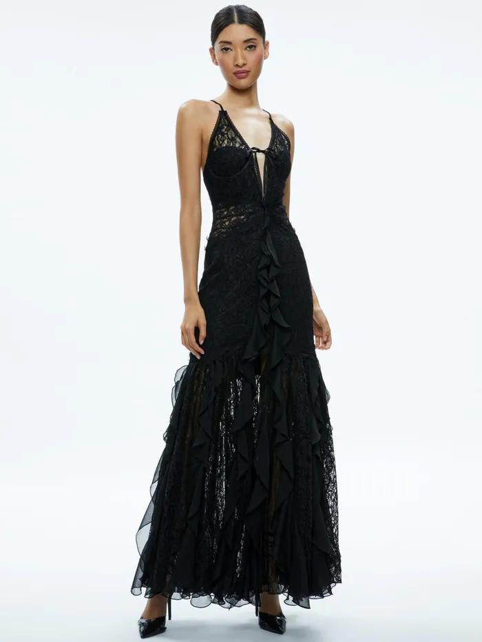 Dresses Women Alice Olivia EDERA RUFFLE LACE MAXI GOWN Black