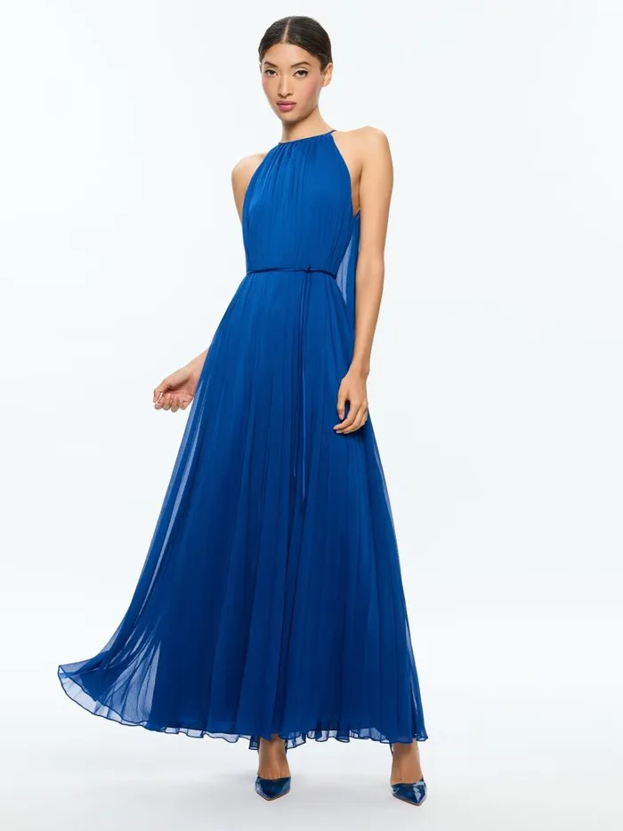 Dresses Women Alice Olivia MATIRA TIE NECK DRAMA PLEATED MAXI DRESS Royal
