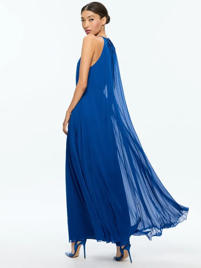 Dresses Women Alice Olivia MATIRA TIE NECK DRAMA PLEATED MAXI DRESS Royal