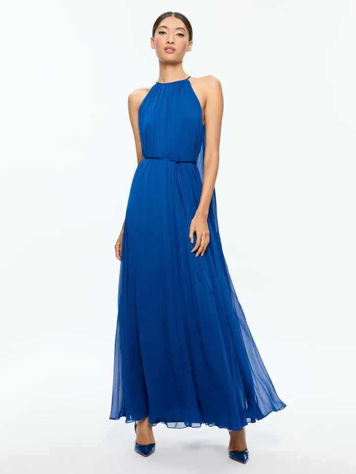 Dresses Women Alice Olivia MATIRA TIE NECK DRAMA PLEATED MAXI DRESS Royal