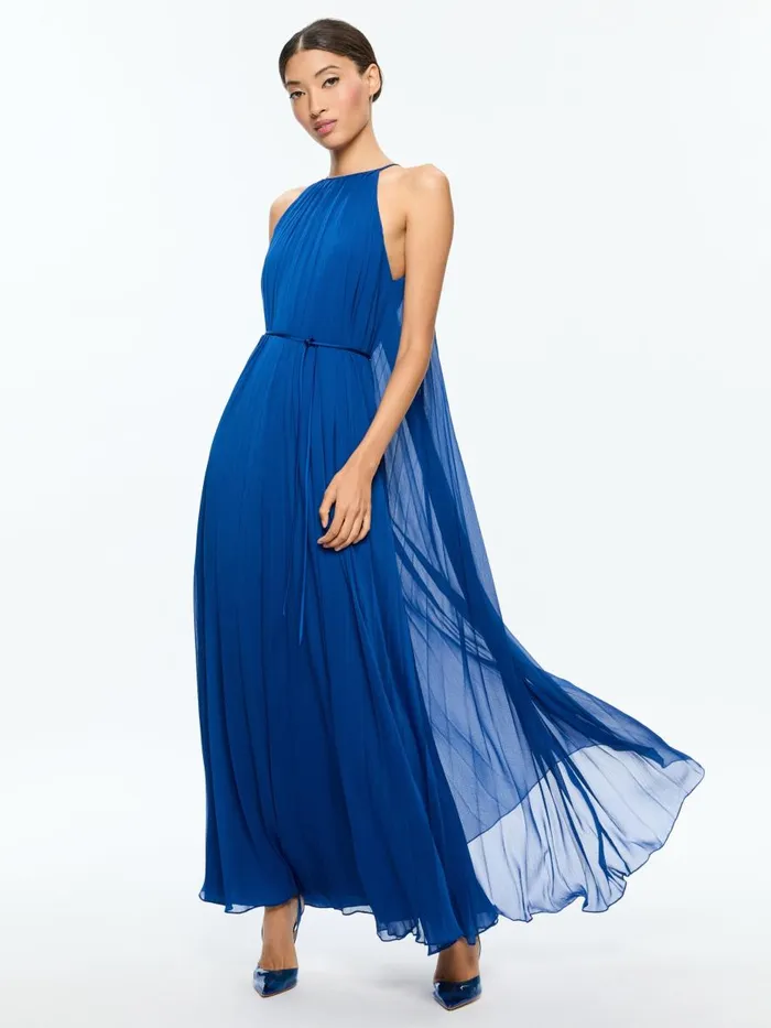 Dresses Women Alice Olivia MATIRA TIE NECK DRAMA PLEATED MAXI DRESS Royal