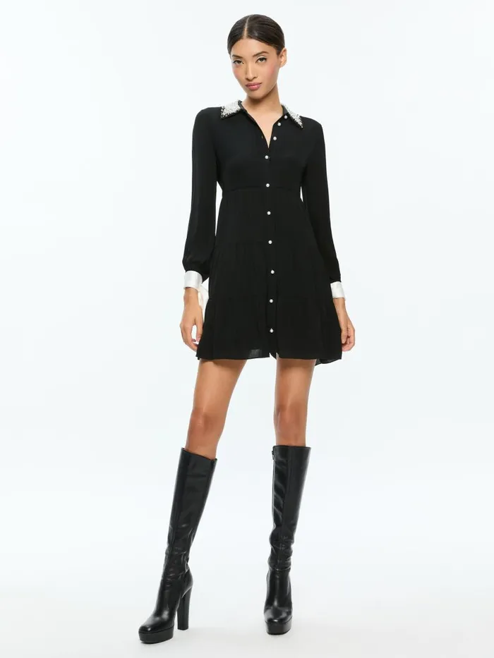 Dresses Women Alice Olivia MEEKO EMBELLISHED COLLAR LONG SLEEVE MINI SHIRT DRESS Black Dresses Women Alice Olivia MEEKO EMBELLISHED COLLAR LONG SLEEVE MINI SHIRT DRESS Black