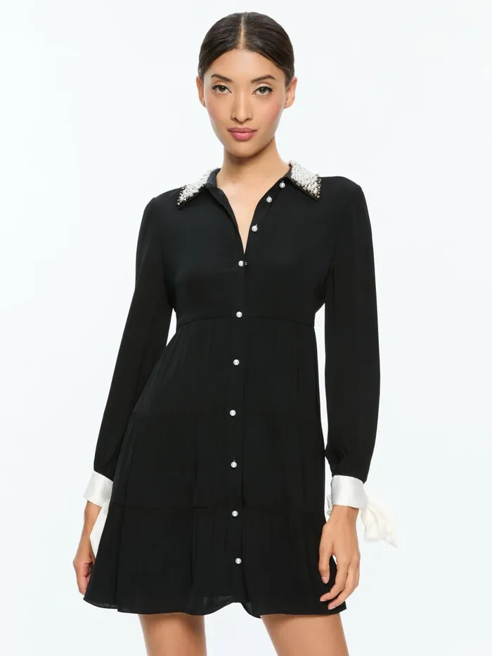 Dresses Women Alice Olivia MEEKO EMBELLISHED COLLAR LONG SLEEVE MINI SHIRT DRESS Black