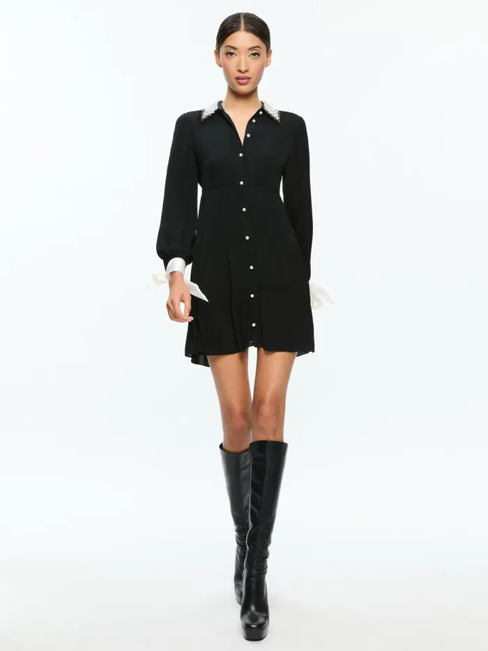 Dresses Women Alice Olivia MEEKO EMBELLISHED COLLAR LONG SLEEVE MINI SHIRT DRESS Black