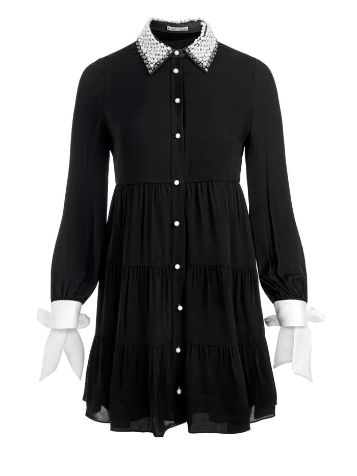 Dresses Women Alice Olivia MEEKO EMBELLISHED COLLAR LONG SLEEVE MINI SHIRT DRESS Black