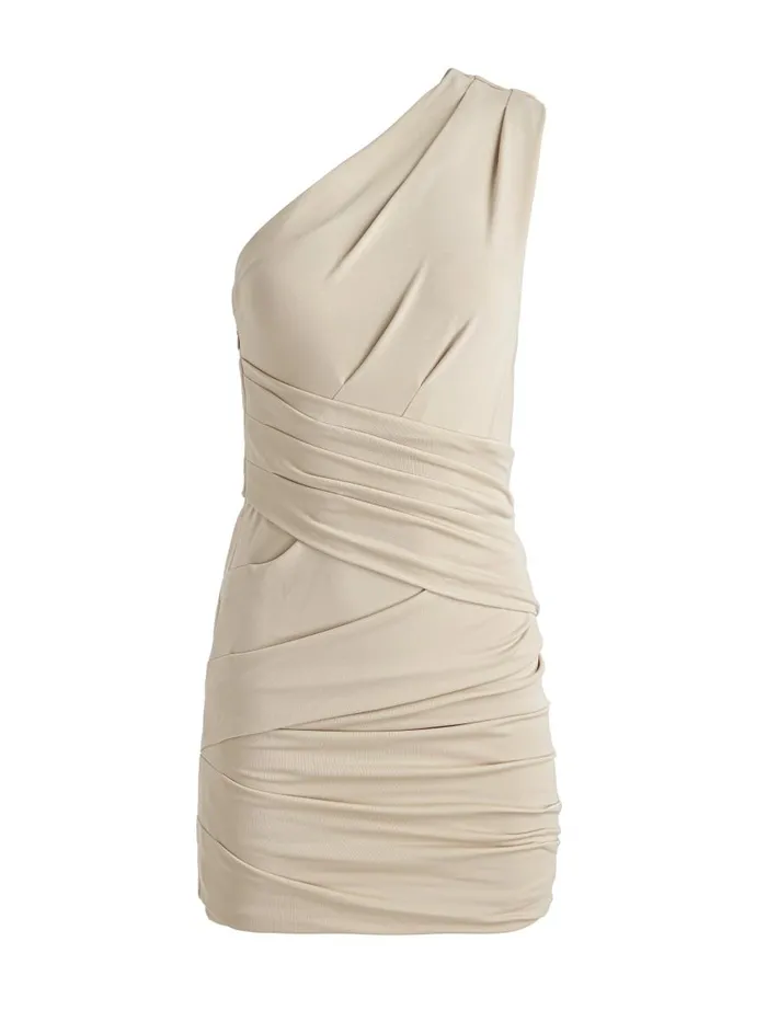 Dresses Women Alice Olivia TAYA ASYMMETRIC DRAPED MINI DRESS Almond