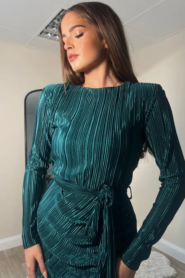 Elena Long Sleeve Ruched Seamed Midi Dress Teal Women Girl In Mind Bodycon Dresses