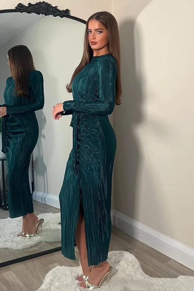 Elena Long Sleeve Ruched Seamed Midi Dress Teal Women Girl In Mind Bodycon Dresses