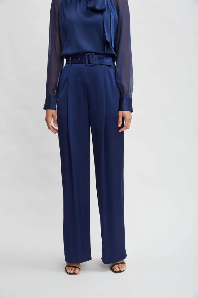 Elie Tahari Belted Satin Pleated Pant Midnight Women Bottoms