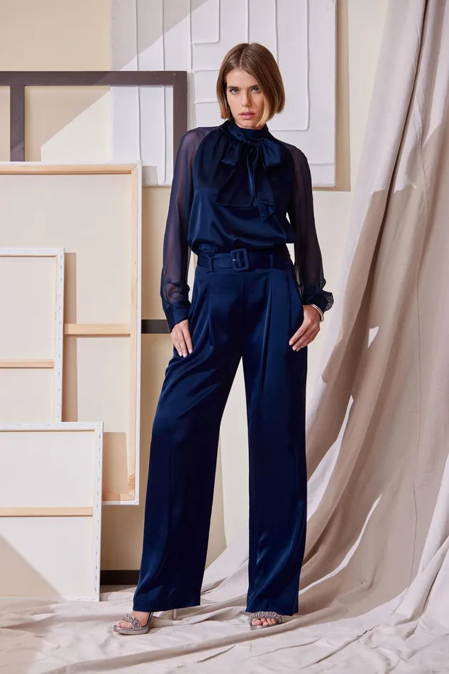 Elie Tahari Belted Satin Pleated Pant Midnight Women Bottoms