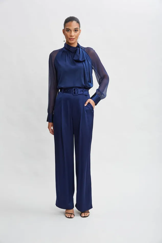 Elie Tahari Belted Satin Pleated Pant Midnight Women Bottoms