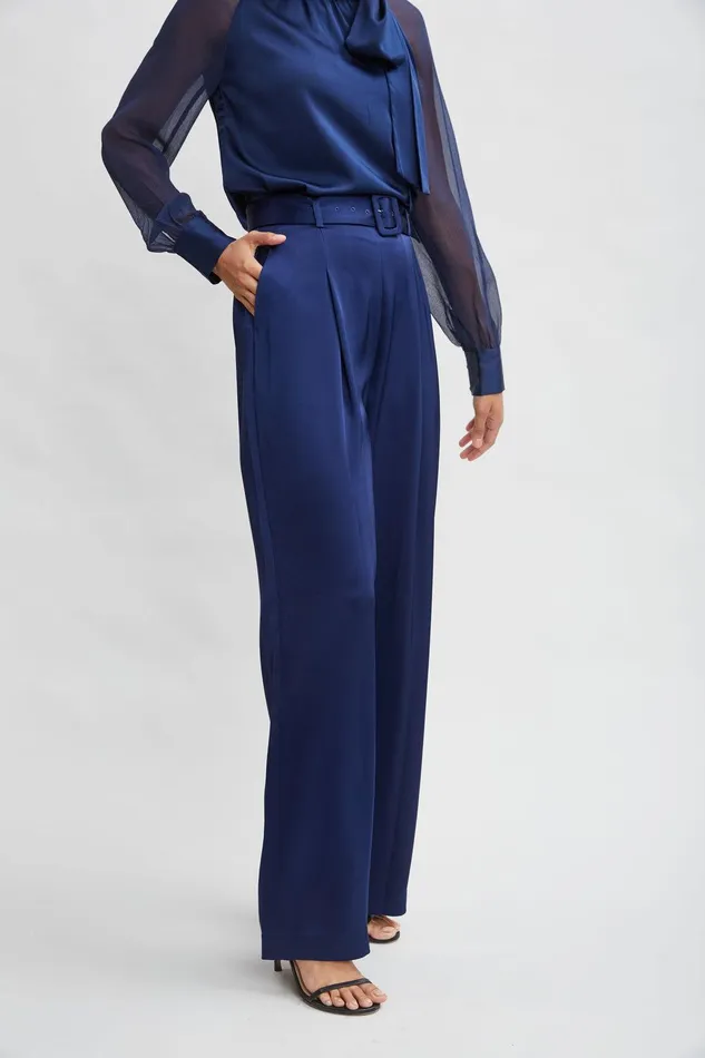 Elie Tahari Belted Satin Pleated Pant Midnight Women Bottoms