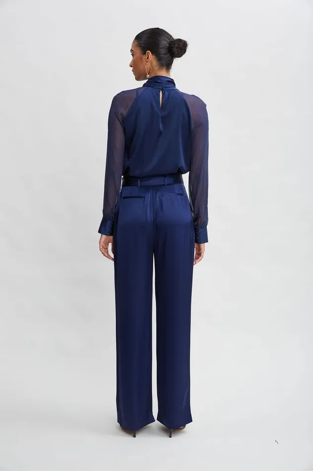 Elie Tahari Belted Satin Pleated Pant Midnight Women Bottoms