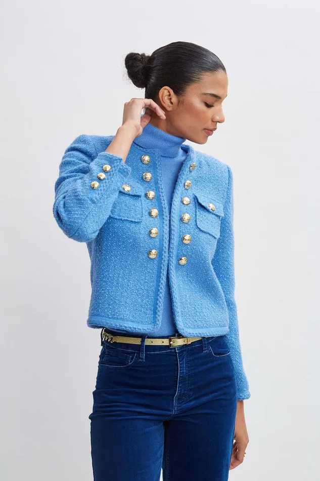 Elie Tahari Boucle Button Jacket Cloud Blue Women Jackets and Blazers