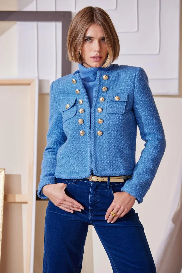 Elie Tahari Boucle Button Jacket Cloud Blue Women Jackets and Blazers