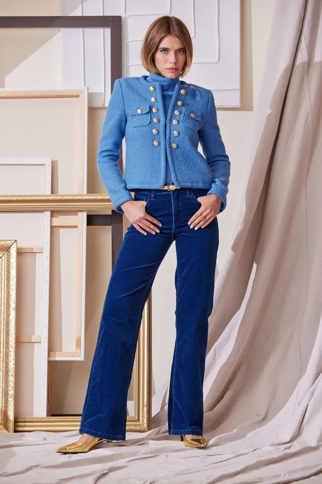 Elie Tahari Boucle Button Jacket Cloud Blue Women Jackets and Blazers