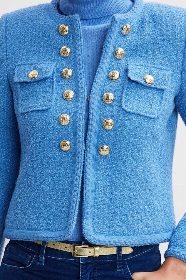 Elie Tahari Boucle Button Jacket Cloud Blue Women Jackets and Blazers