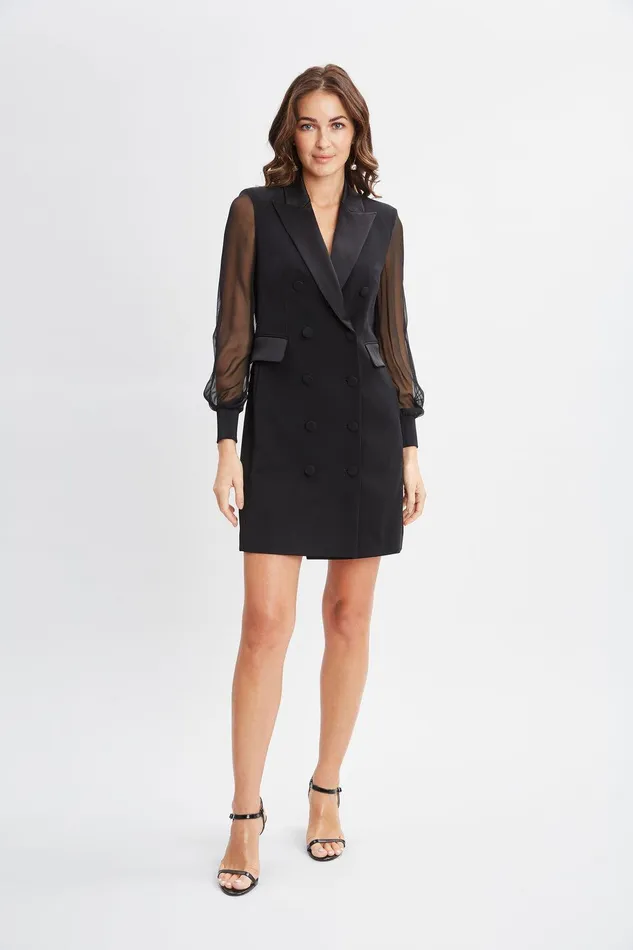 Elie Tahari Chiffon Sleeve Blazer Dress Black Women Suiting