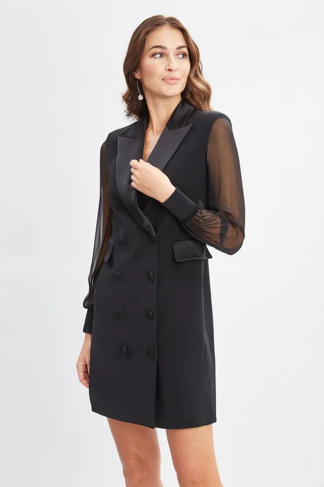 Elie Tahari Chiffon Sleeve Blazer Dress Black Women Suiting