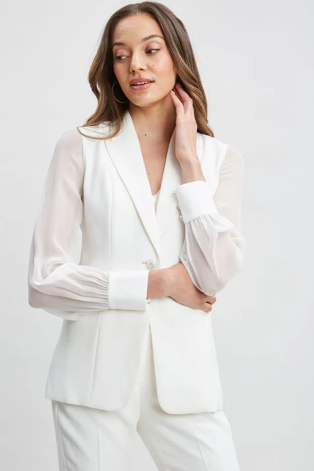 Elie Tahari Chiffon Sleeve Jewel Button Blazer Foam Women Suiting