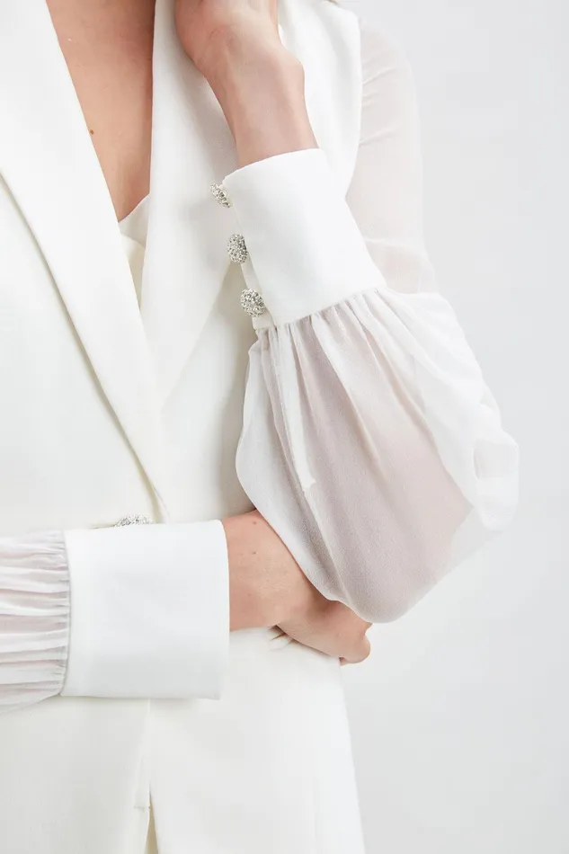 Elie Tahari Chiffon Sleeve Jewel Button Blazer Foam Women Suiting