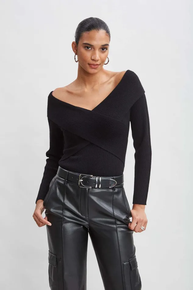 Elie Tahari Cross Shoulder Cashmere Merino Sweater Black Women Tops
