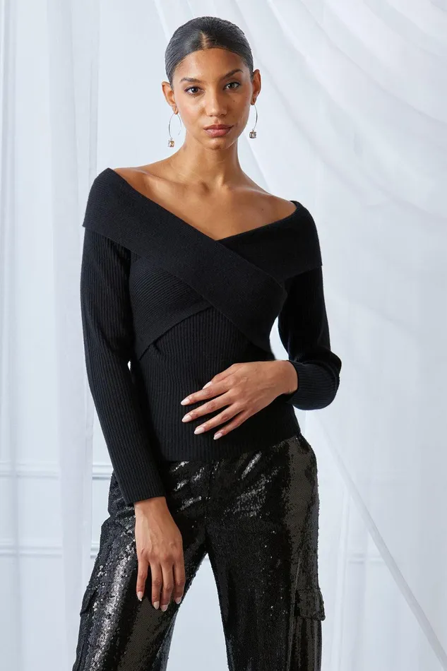 Elie Tahari Cross Shoulder Cashmere Merino Sweater Black Women Tops