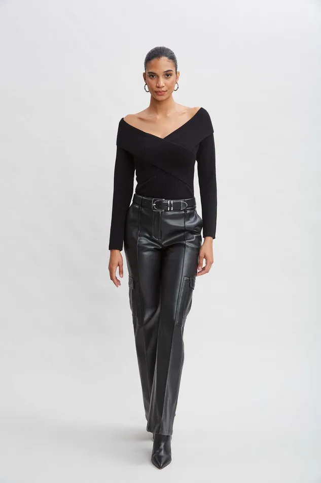 Elie Tahari Cross Shoulder Cashmere Merino Sweater Black Women Tops