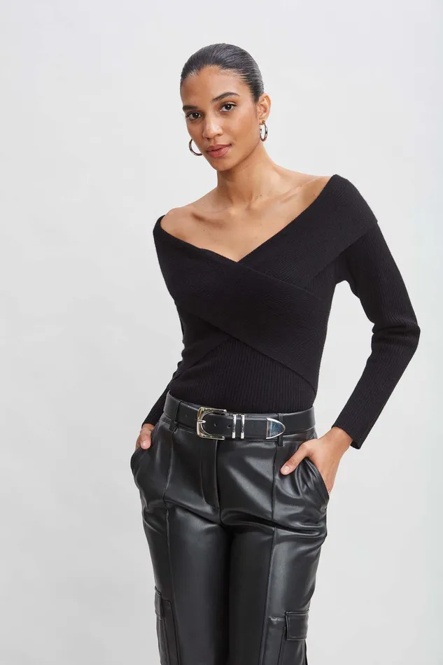Elie Tahari Cross Shoulder Cashmere Merino Sweater Black Women Tops